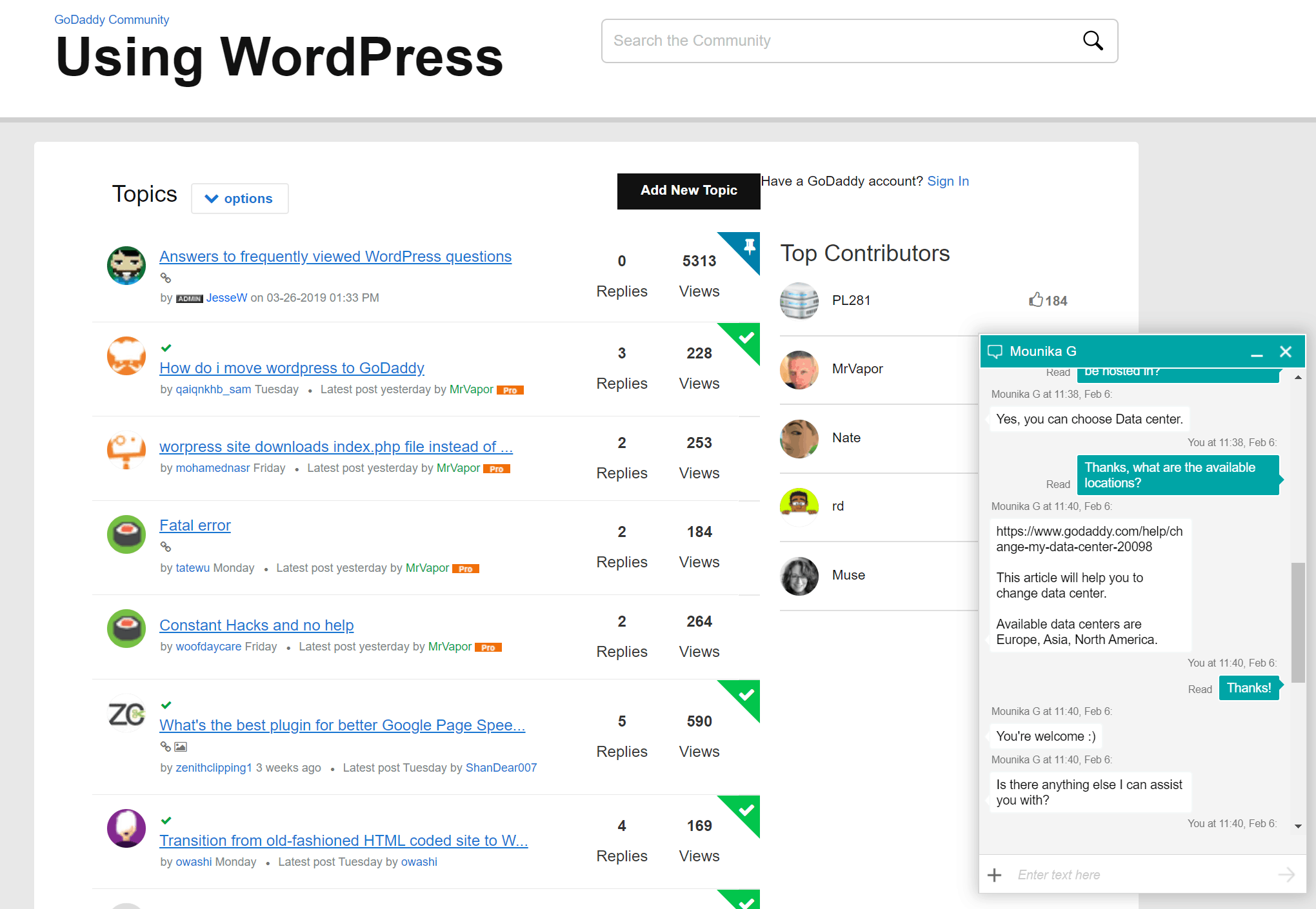 ฟอรัม WordPress ของ GoDaddy และการแชทสนับสนุนของฉัน